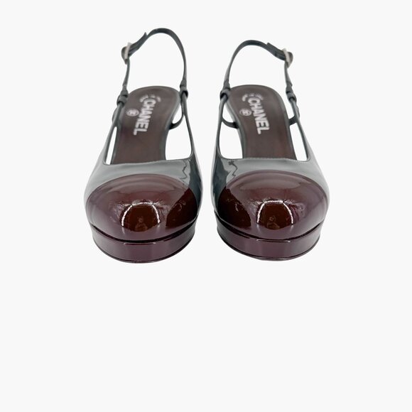 Chanel Gray Burgundy Patent Cap Toe Slingback Platform Pumps Size 37.5 US 6.5–7 - Picture 6 of 15